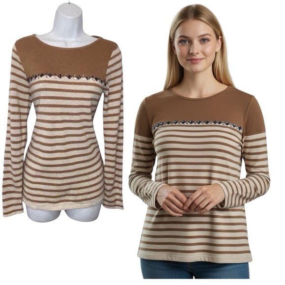 J. CREW Merino Wool Blend Brown Jewels Striped Lightweight Sweater Women’s Small - Picture 1 of 12